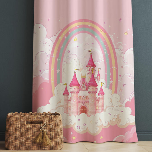 Pink Princess Castle Curtains for Girls Bedroom, Custom Size Window Drapes with Rainbow Design, Nursery Decor & Gift Pillow Case