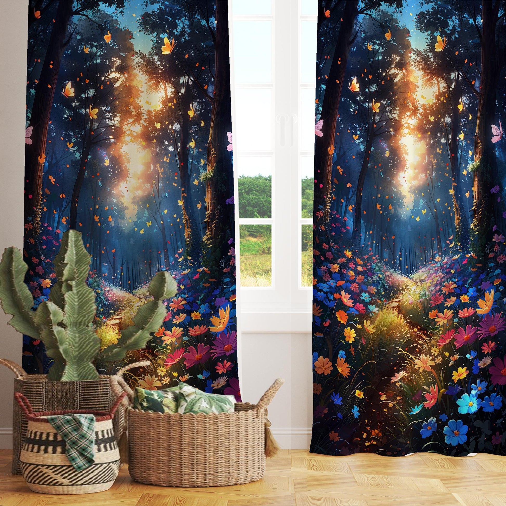 Colorful Flowers Forest Path Curtains for Girls Room, Custom Size Window Drapes & Gift Pillow Covers, Landscape Scenery Decor
