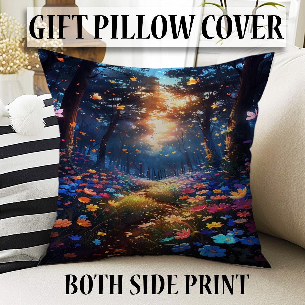 Colorful Flowers Forest Path Curtains for Girls Room, Custom Size Window Drapes & Gift Pillow Covers, Landscape Scenery Decor