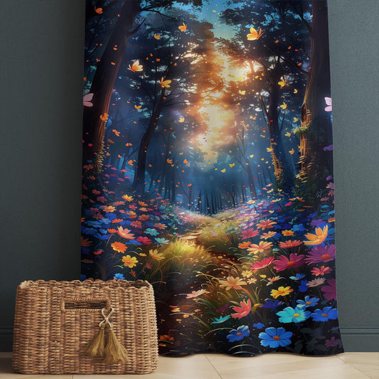 Colorful Flowers Forest Path Curtains for Girls Room, Custom Size Window Drapes & Gift Pillow Covers, Landscape Scenery Decor