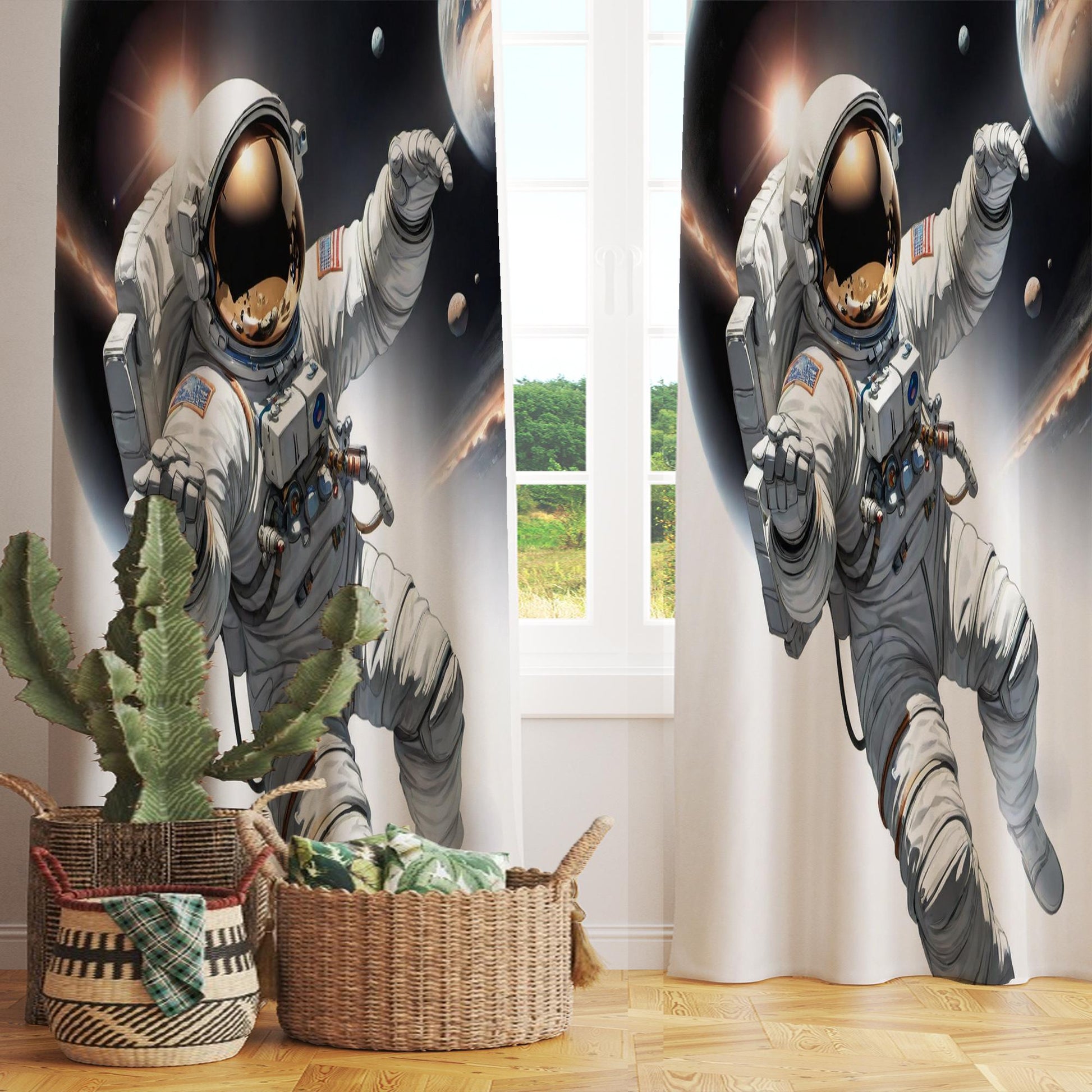 Space Astronaut Moon Curtain for Boys Room, Custom Size Window Drapes & Gift Pillow Cover, Kids Space Nursery Decor