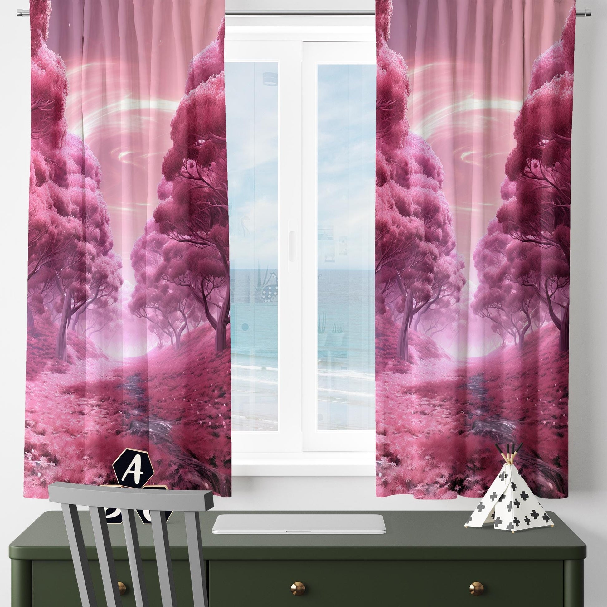 Pink Trees Forest Path Curtains for Girls Room, Floral Window Drapes, Custom Size Kids Nursery Decor & Gift Pillow Covers