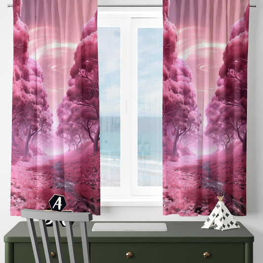 Pink Trees Forest Path Curtains for Girls Room, Floral Window Drapes, Custom Size Kids Nursery Decor & Gift Pillow Covers