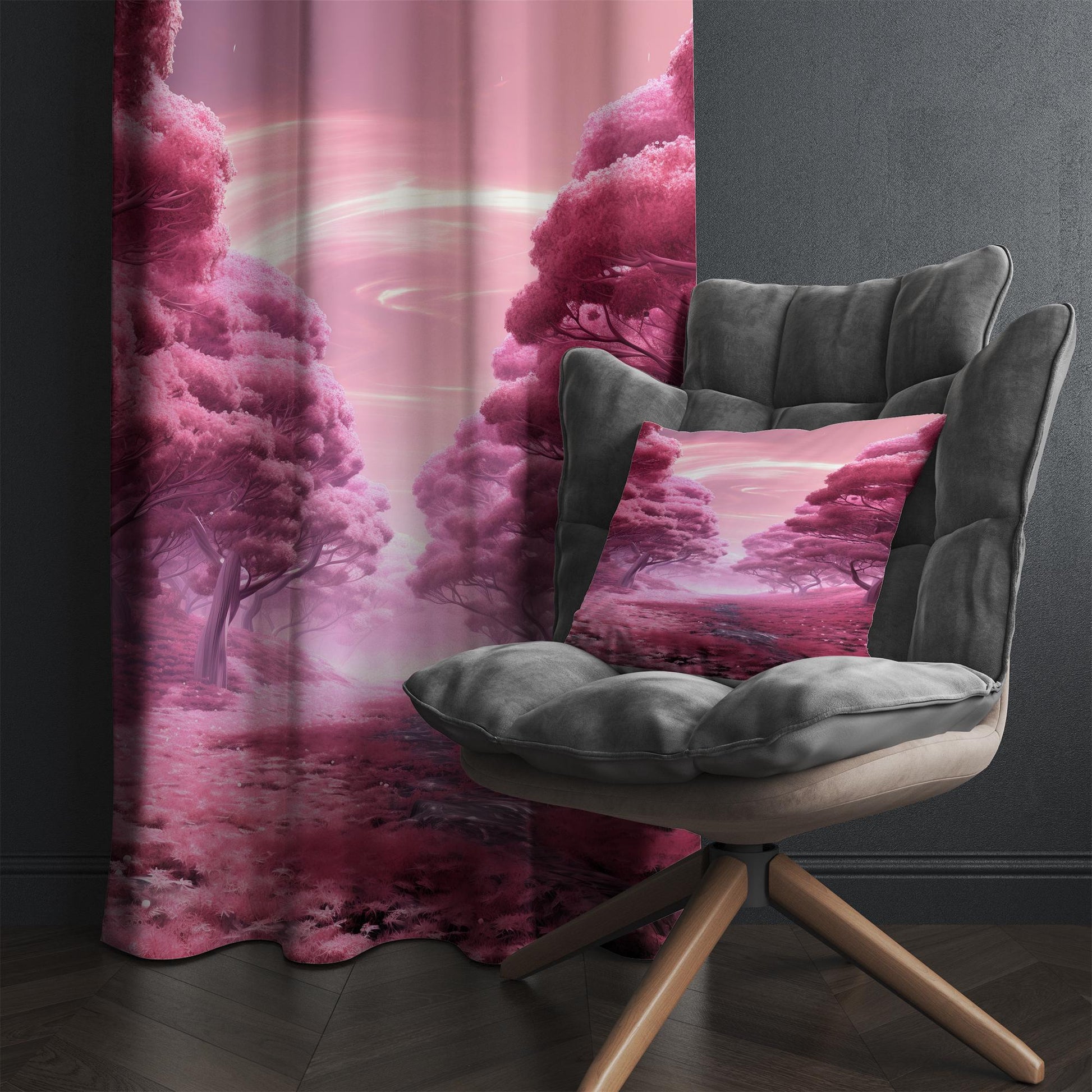 Pink Trees Forest Path Curtains for Girls Room, Floral Window Drapes, Custom Size Kids Nursery Decor & Gift Pillow Covers