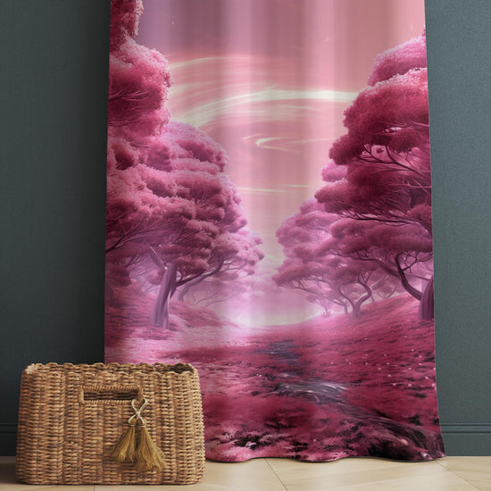 Pink Trees Forest Path Curtains for Girls Room, Floral Window Drapes, Custom Size Kids Nursery Decor & Gift Pillow Covers