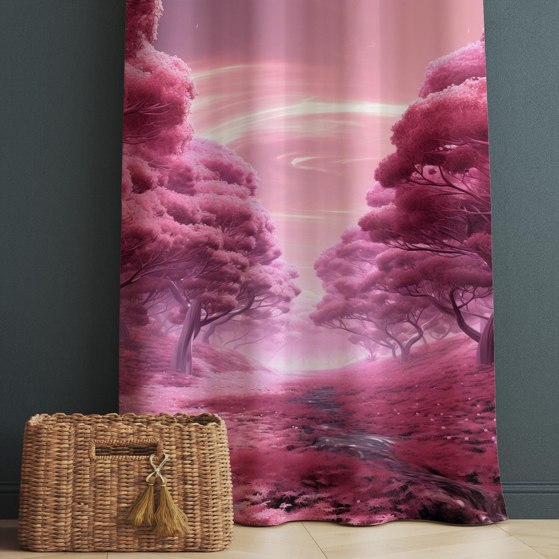 Pink Trees Forest Path Curtains for Girls Room, Floral Window Drapes, Custom Size Kids Nursery Decor & Gift Pillow Covers