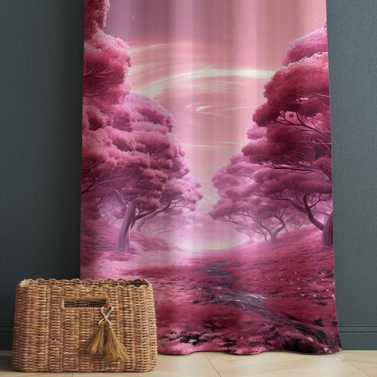 Pink Trees Forest Path Curtains for Girls Room, Floral Window Drapes, Custom Size Kids Nursery Decor & Gift Pillow Covers