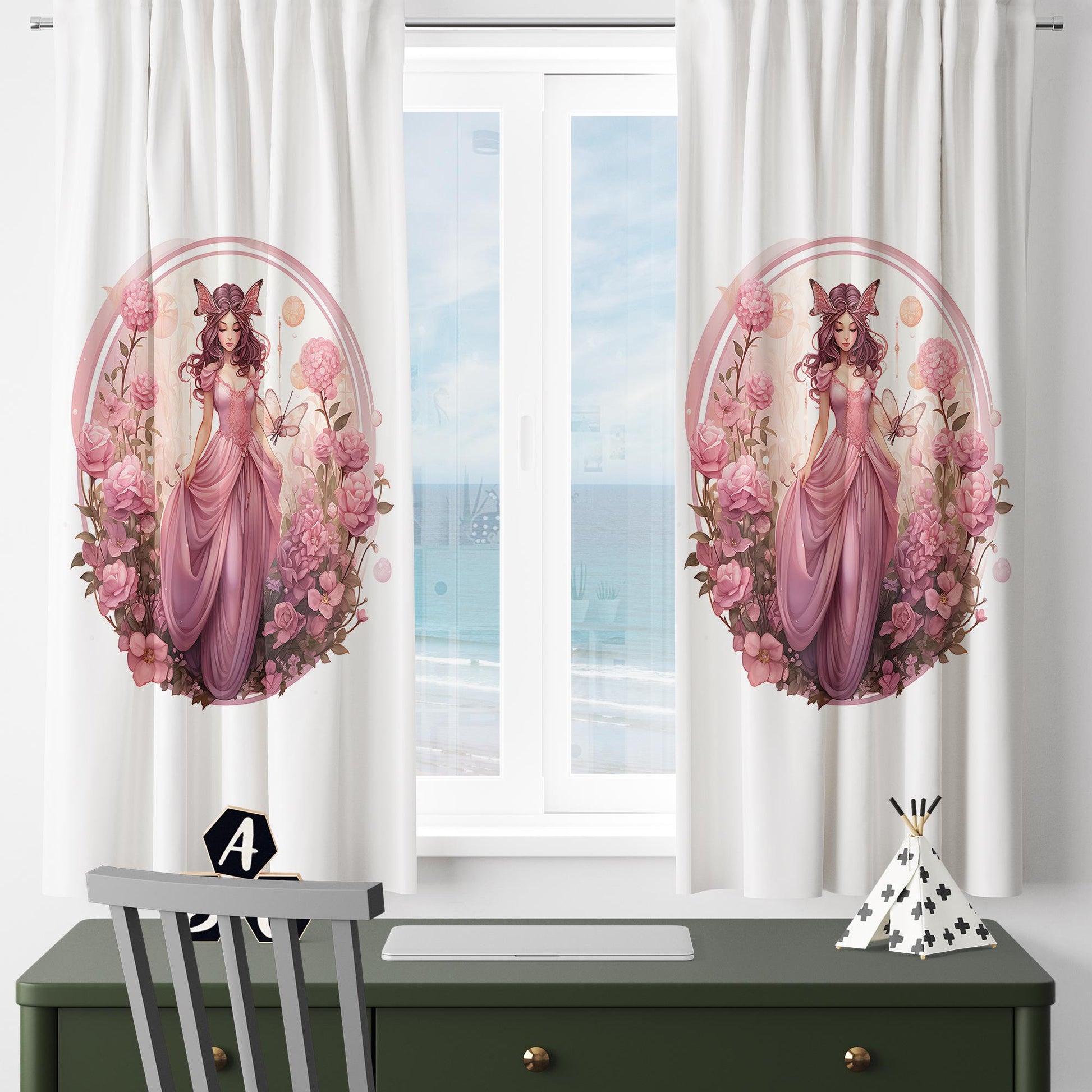 Pink Floral Curtains for Girls Room, Fairy Tale Princess Window Drapes, Custom Size Kids Nursery Decor & Matching Pillow Covers Gift