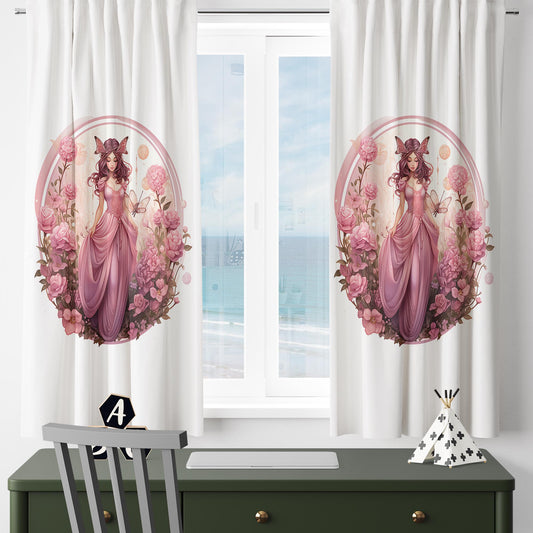 Pink Floral Curtains for Girls Room, Fairy Tale Princess Window Drapes, Custom Size Kids Nursery Decor & Matching Pillow Covers Gift