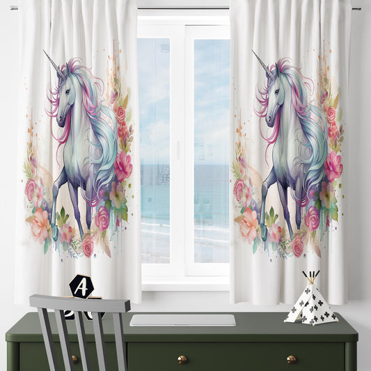 Unicorn Curtains for Girls Room, Colorful Floral Window Drapes, Custom Size Nursery Decor & Matching Pillow Covers Gift