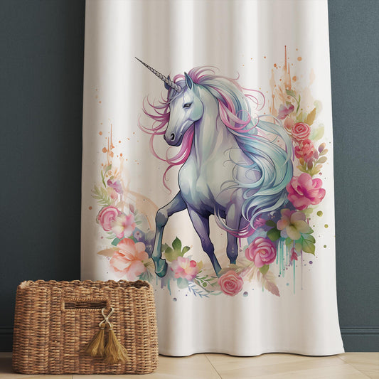 Unicorn Curtains for Girls Room, Colorful Floral Window Drapes, Custom Size Nursery Decor & Matching Pillow Covers Gift