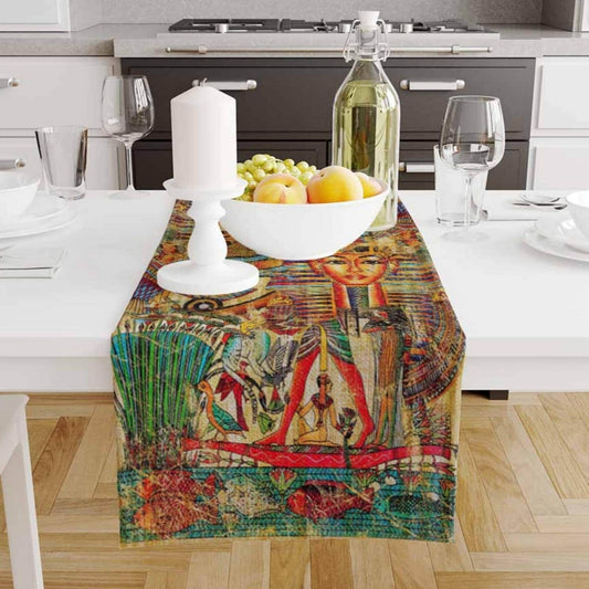 Table Runner Authentic Ethnic Retro Eagypt Pharaoh Pattern, Mystic Dining Room Decor, Textile Accent, Unique Home Decoration