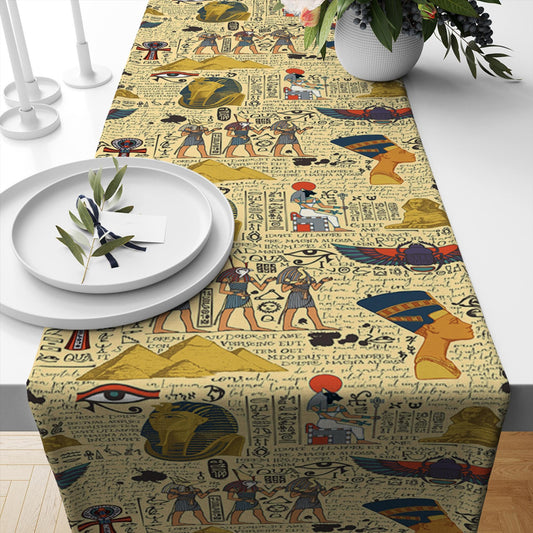 Table Runner Authentic Ethnic Retro Eagypt Pyramid Figures, Mystic Dining Room Decor, Textile Accent, Unique Home Decoration