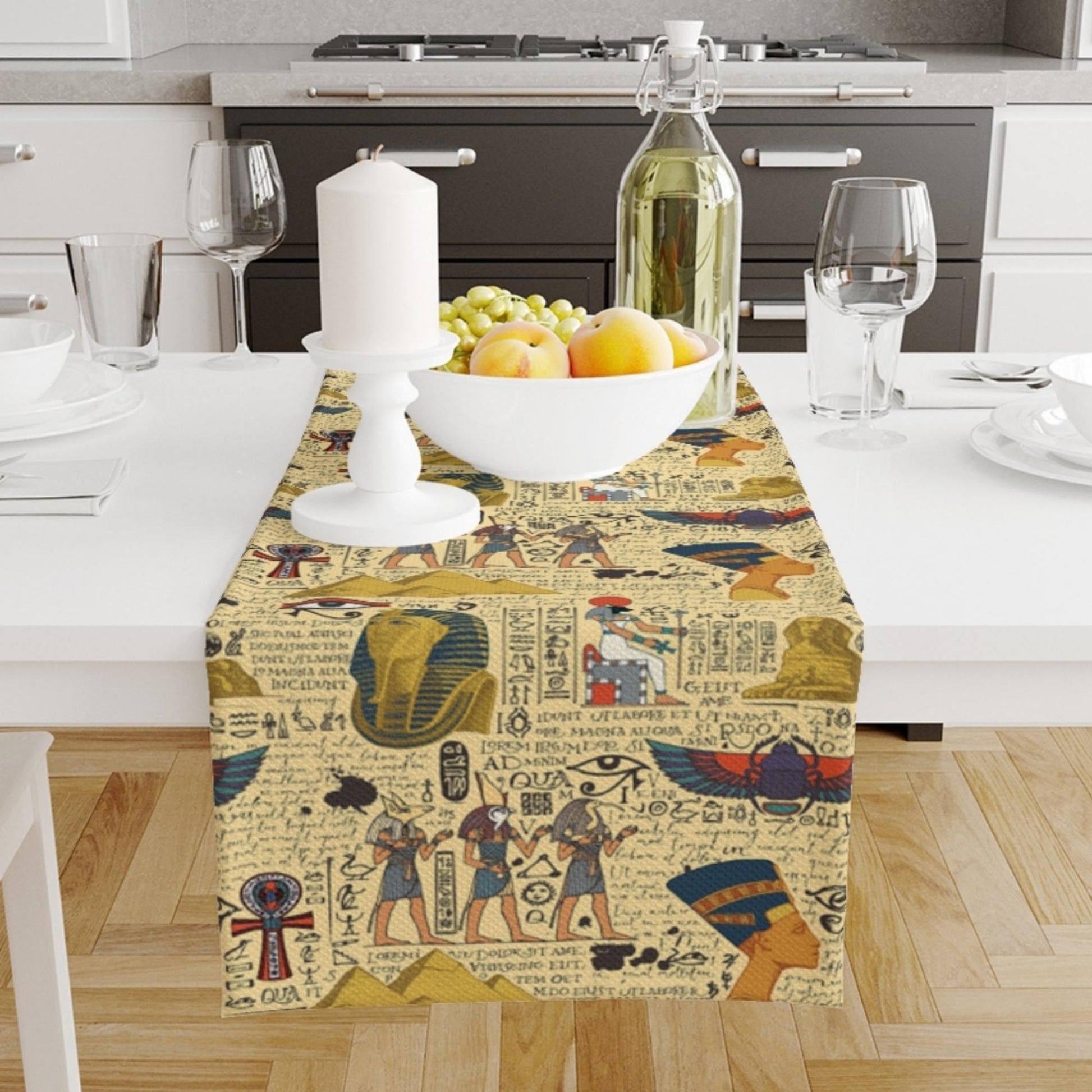 Table Runner Authentic Ethnic Retro Eagypt Pyramid Figures, Mystic Dining Room Decor, Textile Accent, Unique Home Decoration