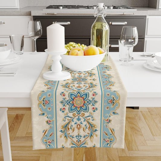 Table Runner Authentic Ethnic Retro Blue Cream Ottoman Turkish Floral, Vintage Dining Room Decor, Textile Accent, Unique Home Decoration