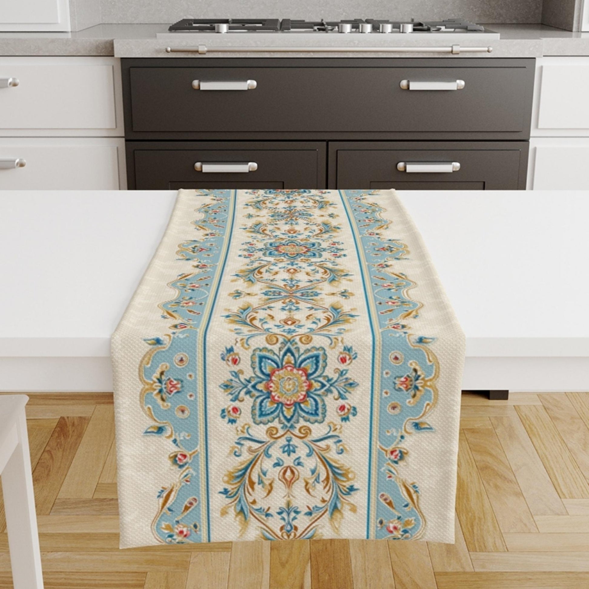 Table Runner Authentic Ethnic Retro Blue Cream Ottoman Turkish Floral, Vintage Dining Room Decor, Textile Accent, Unique Home Decoration