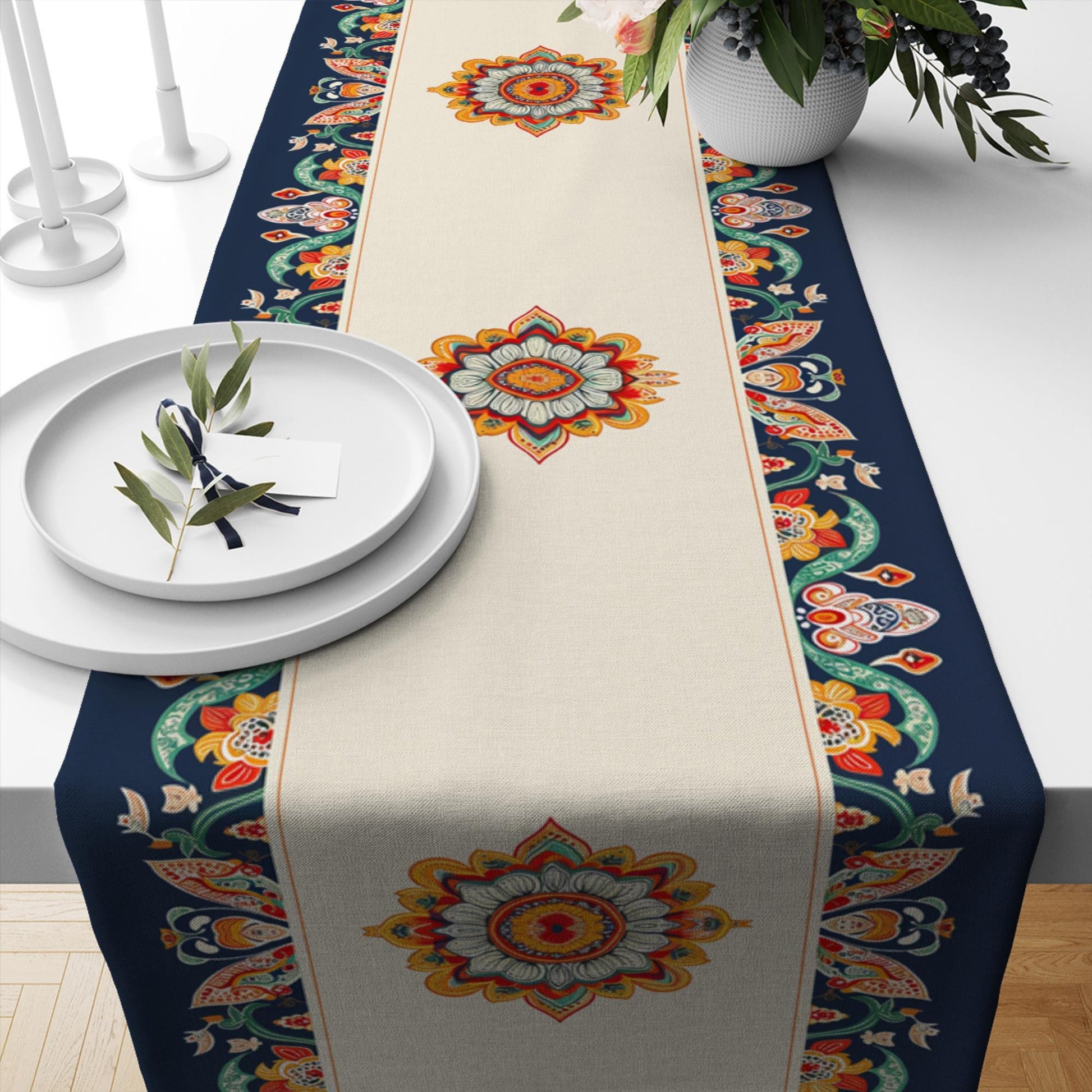 Table Runner Vintage Turkish Ottoman Floral Blue Orange Cream Ethnic Dining Room Decor Textile Accent Home Decoration
