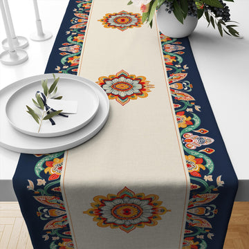 Table Runner Vintage Turkish Ottoman Floral Blue Orange Cream Ethnic Dining Room Decor Textile Accent Home Decoration