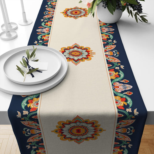 Table Runner Vintage Turkish Ottoman Floral Blue Orange Cream Ethnic Dining Room Decor Textile Accent Home Decoration