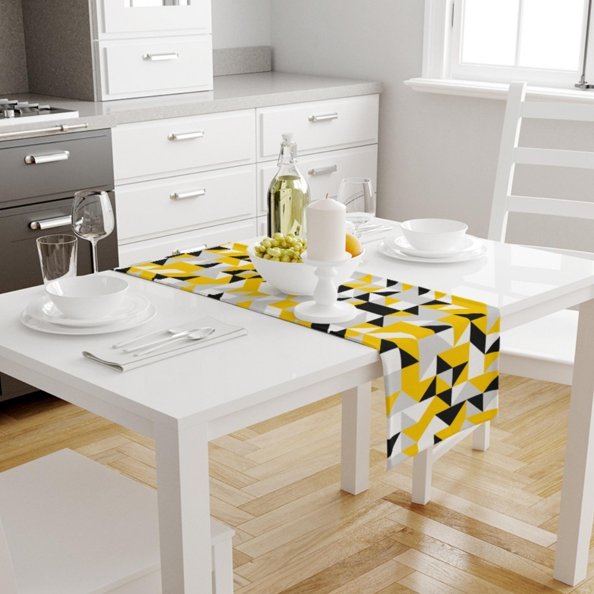 Table Runner Yellow Black Gray White Geometric Modern Dining Room Decor Textile Accent Home Decoration