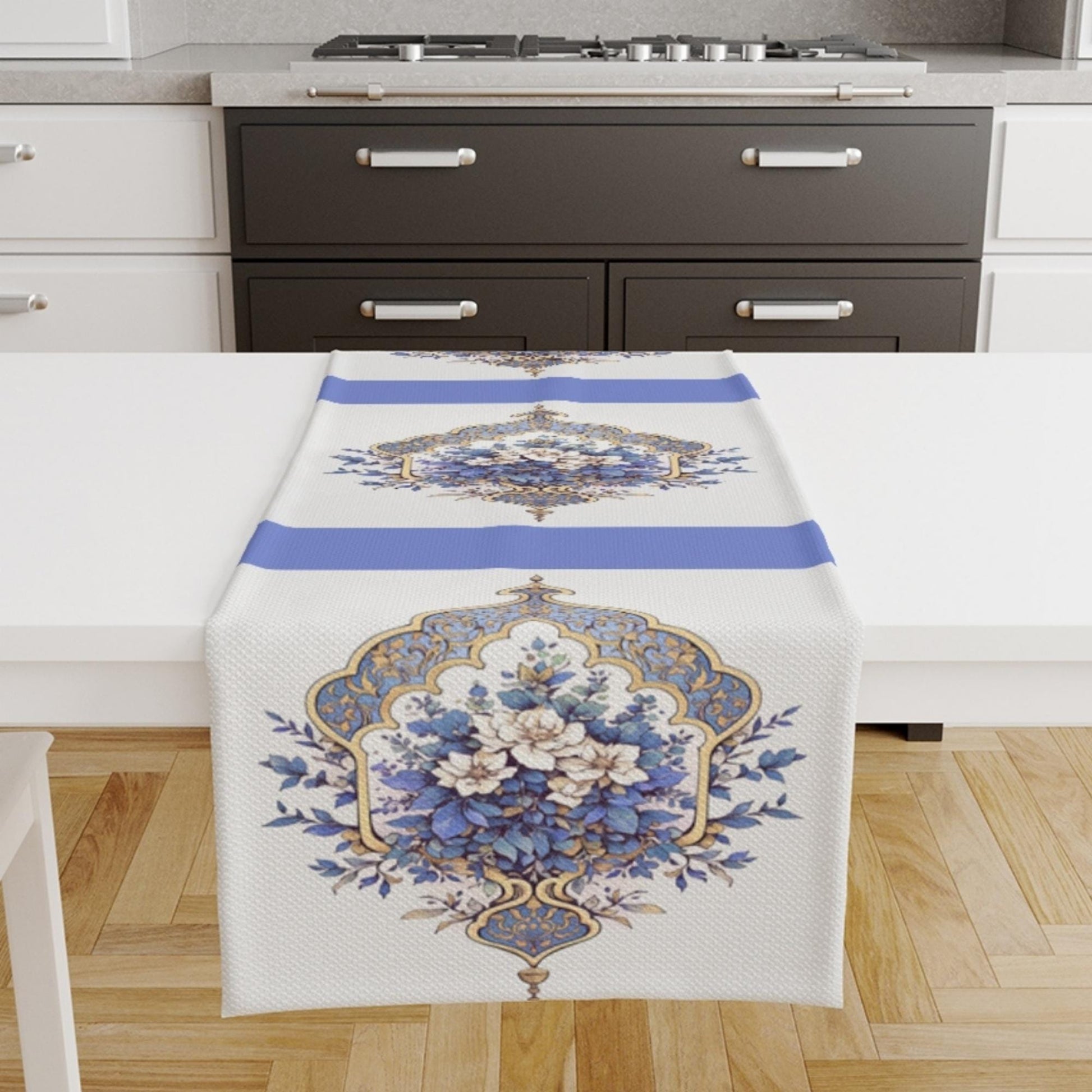 Table Runner Vintage Turkish Ottoman Blue White Floral Flowers Figures Modern Dining Room Decor Textile Accent Home Decoration