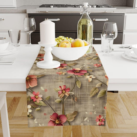 Table Runner Red Roses Botanical Floral Flowers Brown Background, Modern Dining Room Decor Accent Home Decoration
