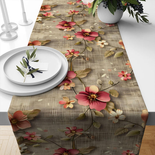 Table Runner Red Roses Botanical Floral Flowers Brown Background, Modern Dining Room Decor Accent Home Decoration