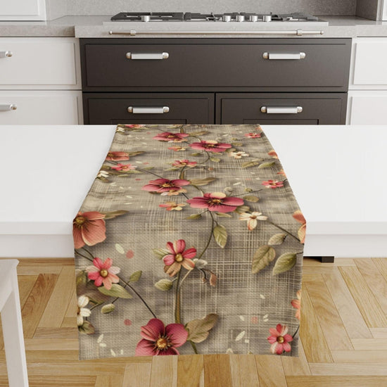 Table Runner Red Roses Botanical Floral Flowers Brown Background, Modern Dining Room Decor Accent Home Decoration