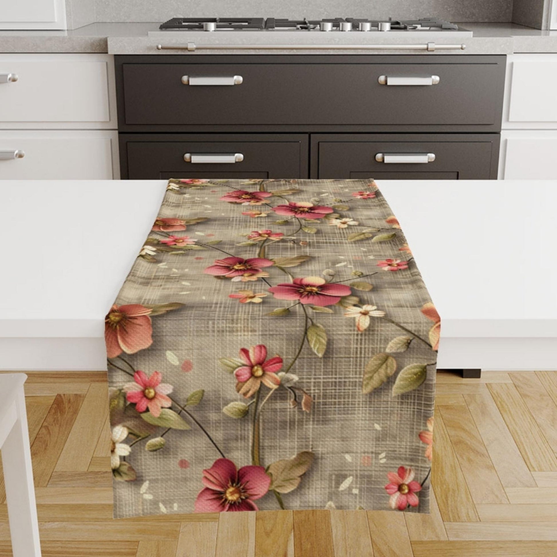 Table Runner Red Roses Botanical Floral Flowers Brown Background, Modern Dining Room Decor Accent Home Decoration