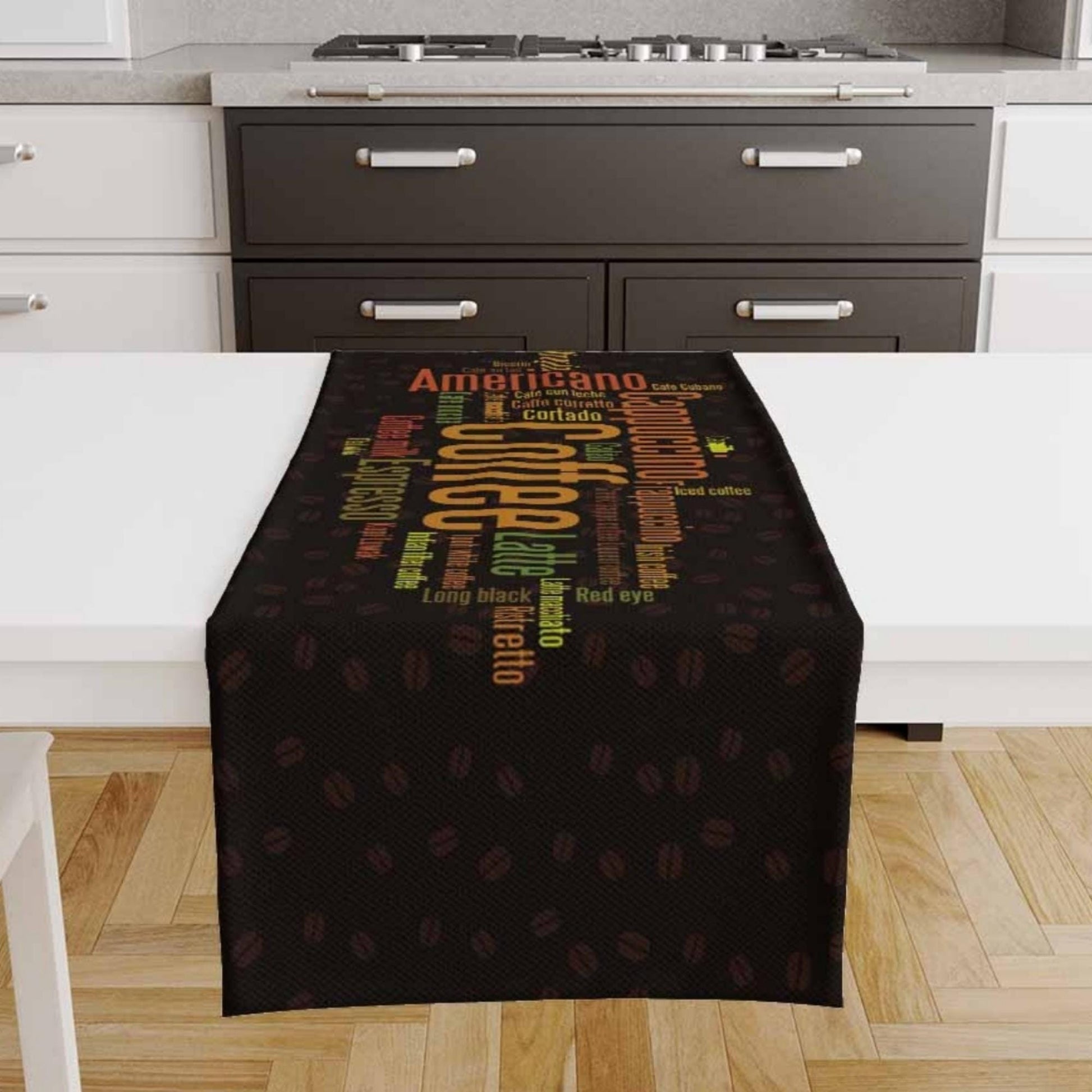 Table Runner Black Coffee Colorful Writen Cafe Theme Pattern, Modern Dining Room Decor Accent Home Decoration