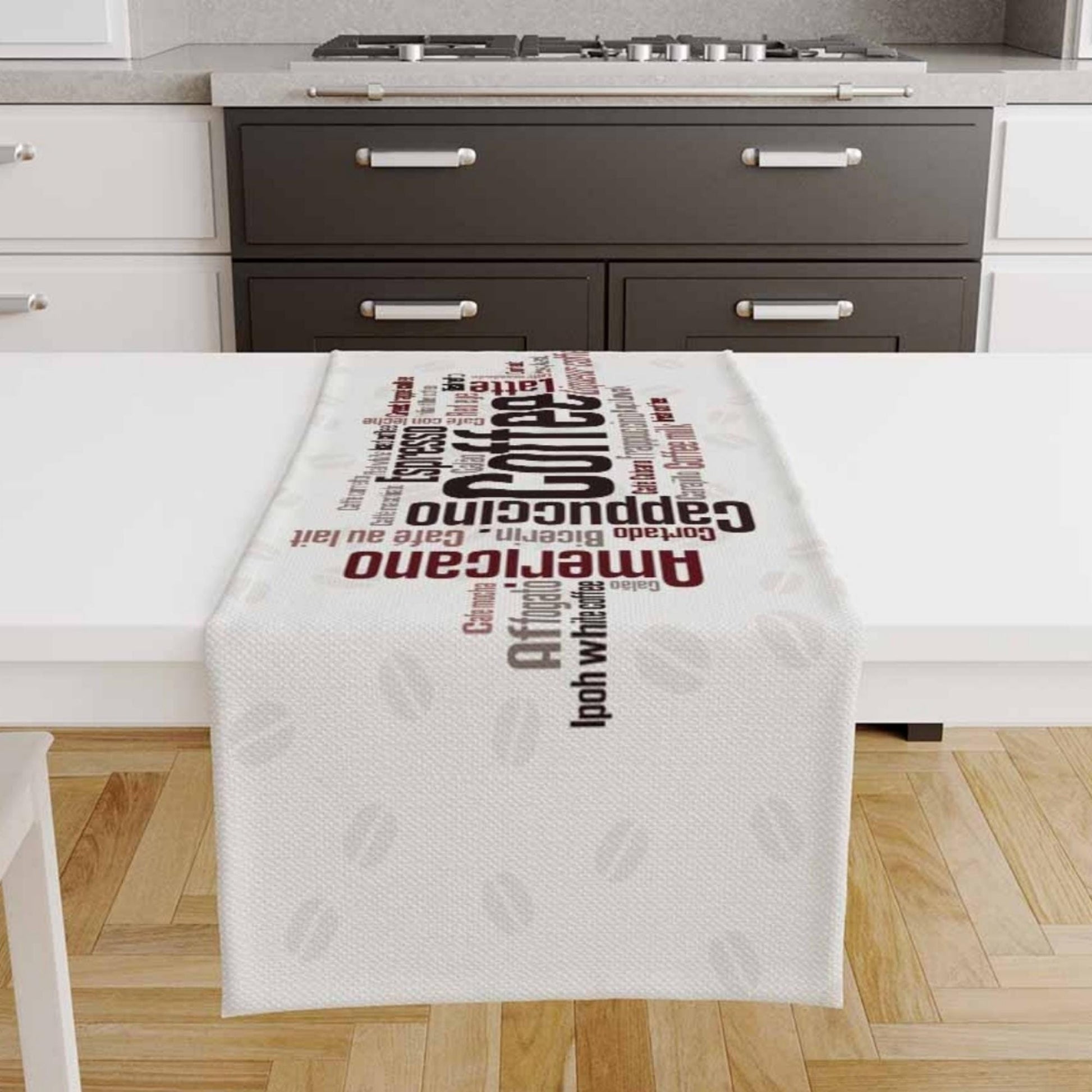 Table Runner Black Coffee Colorful Writen Cafe Theme Pattern, Modern Dining Room Decor Accent Home Decoration