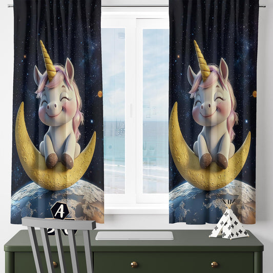 Baby Unicorn Curtains for Girls Room, Custom Size Window Drapes, Moon & Starry Night Decor, Kids Gift Pillow Cover, Nursery Window Treatment