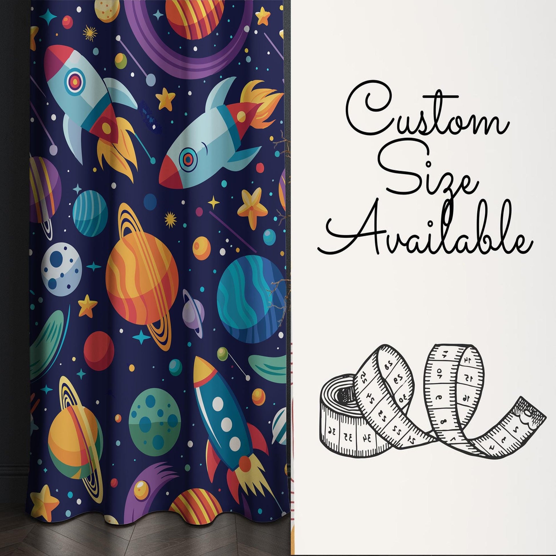 Space Galaxy Curtains for Kids Room, Custom Size Rocket & Stars Window Drapes, Room Decor with Matching Gift Pillow Case