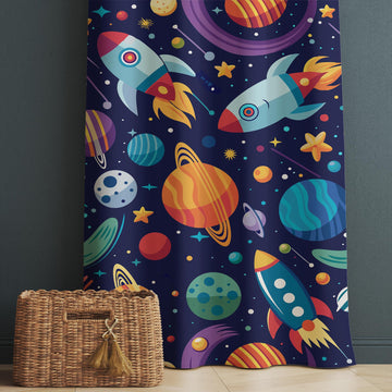Space Galaxy Curtains for Kids Room, Custom Size Rocket & Stars Window Drapes, Room Decor with Matching Gift Pillow Case