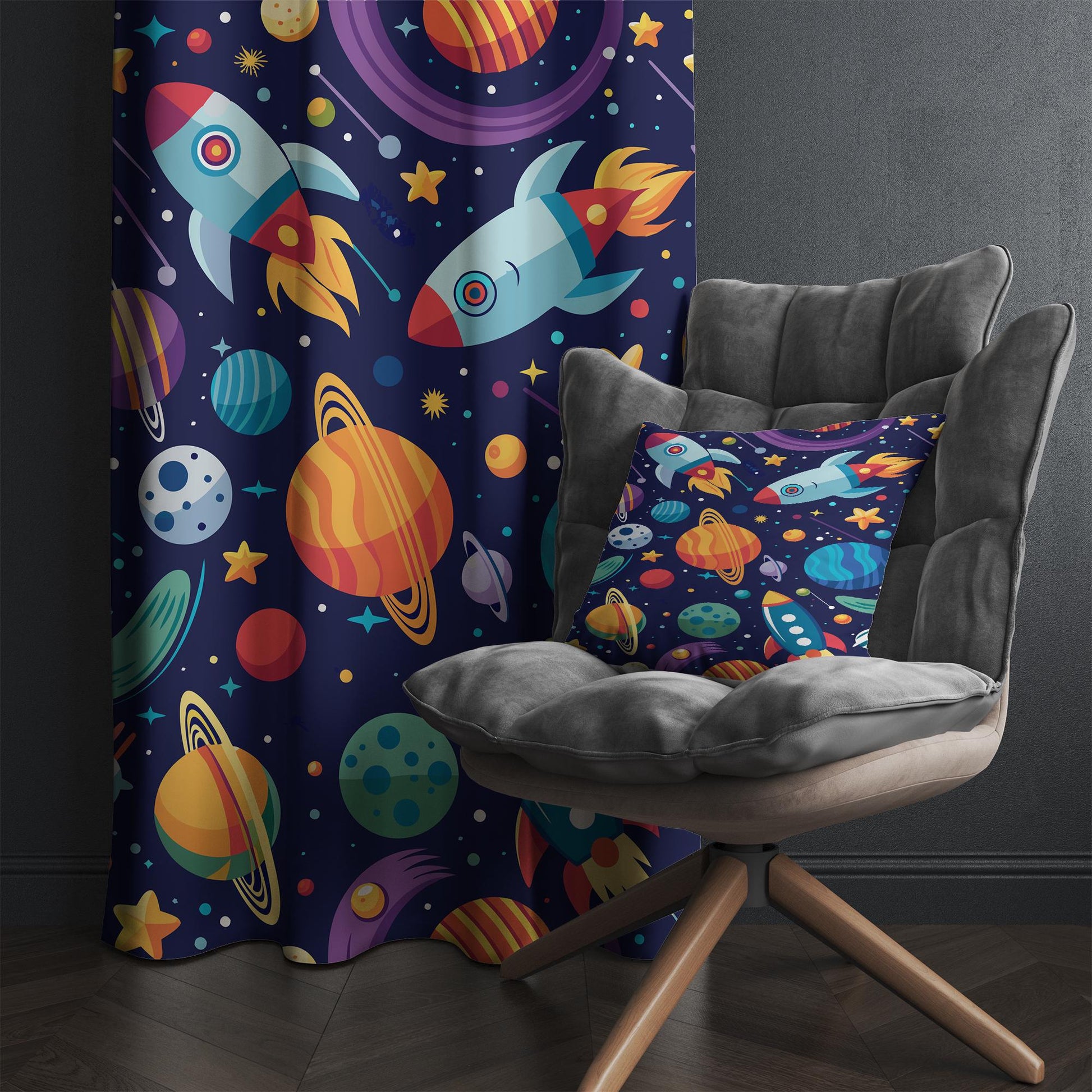 Space Galaxy Curtains for Kids Room, Custom Size Rocket & Stars Window Drapes, Room Decor with Matching Gift Pillow Case