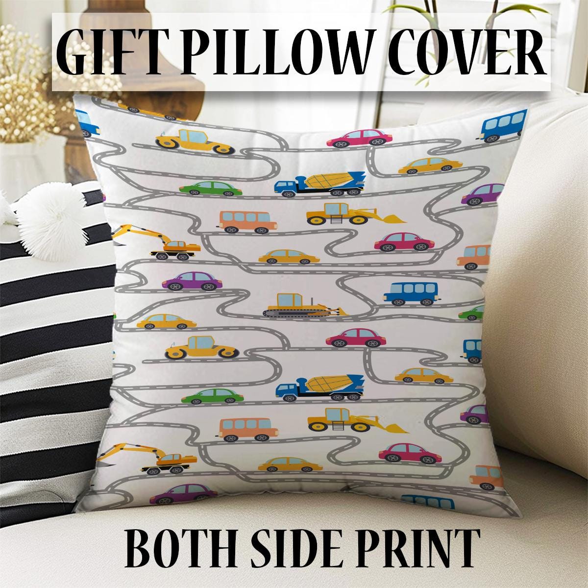 Construction Equipment Kids Nursery Curtains & Custom Size Window Drapes with Gift Pillow Covers for Boys Room