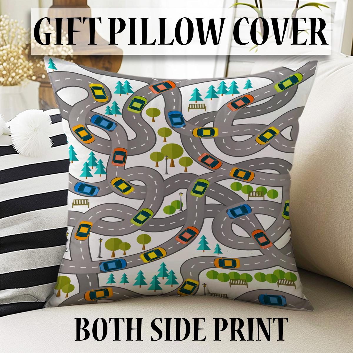 Cars Road City Map Kids Nursery Curtains & Custom Size Window Drapes with Gift Pillow Covers for Boys Room