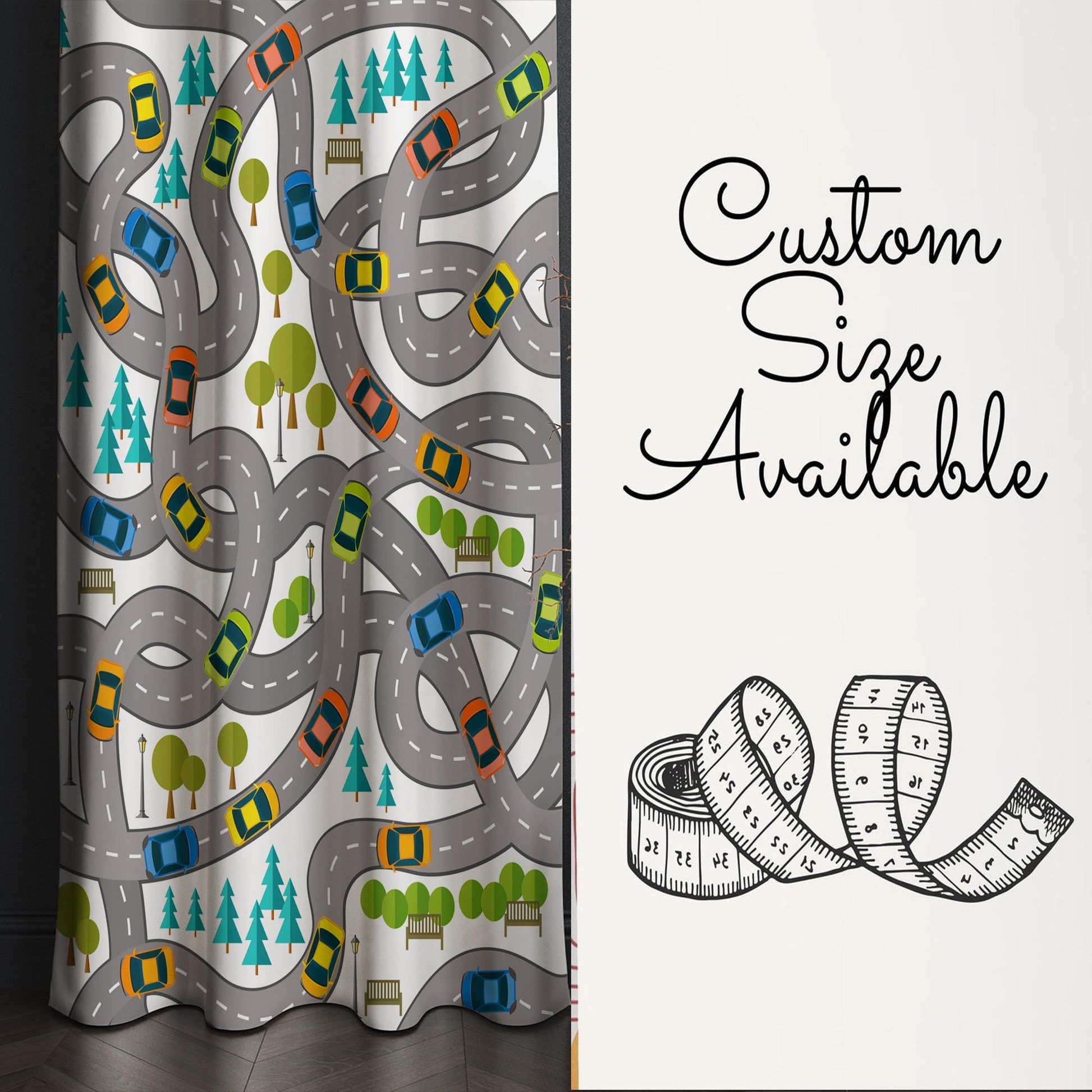 Cars Road City Map Kids Nursery Curtains & Custom Size Window Drapes with Gift Pillow Covers for Boys Room
