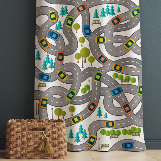 Cars Road City Map Kids Nursery Curtains & Custom Size Window Drapes with Gift Pillow Covers for Boys Room