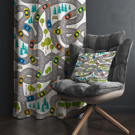 Cars Road City Map Kids Nursery Curtains & Custom Size Window Drapes with Gift Pillow Covers for Boys Room