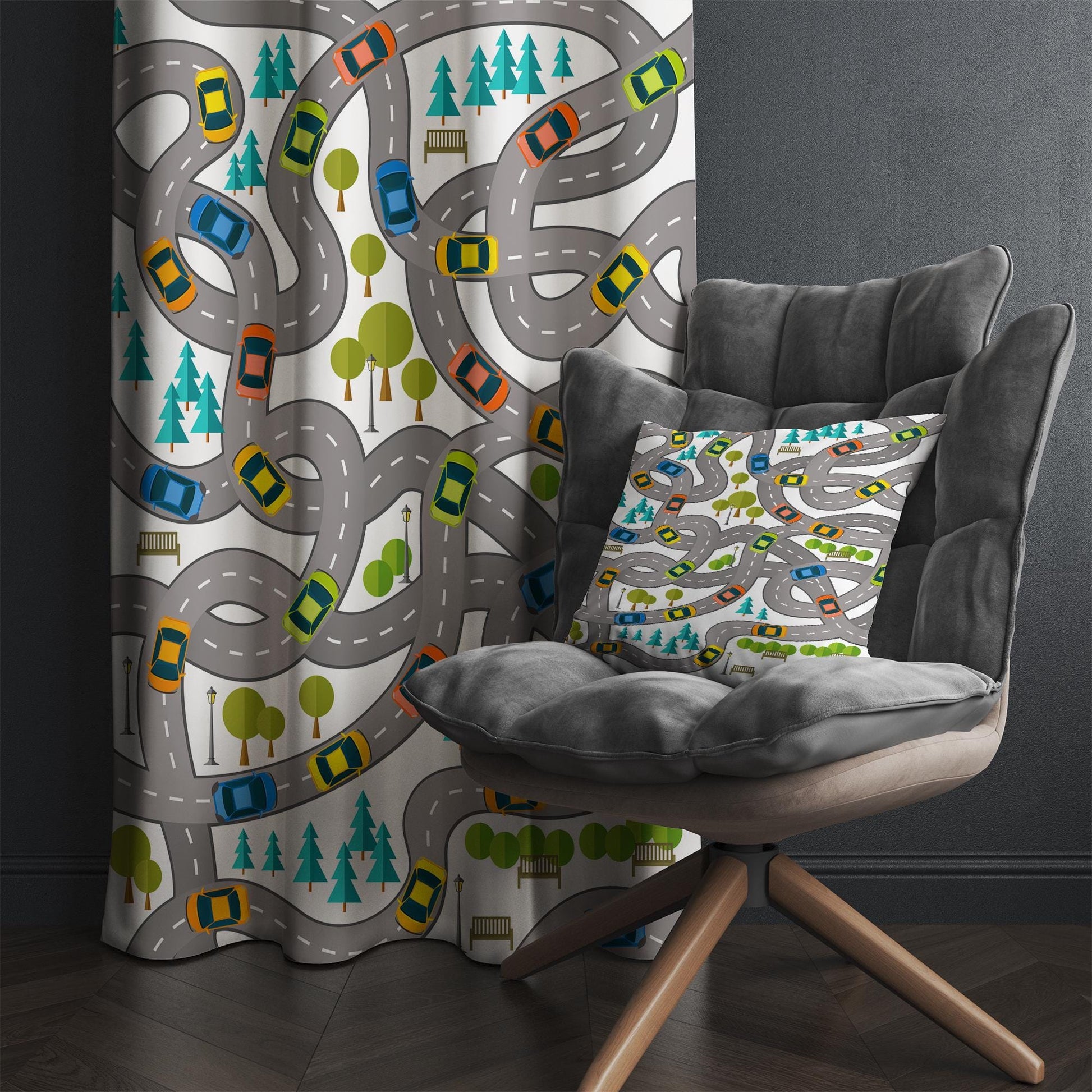 Cars Road City Map Kids Nursery Curtains & Custom Size Window Drapes with Gift Pillow Covers for Boys Room
