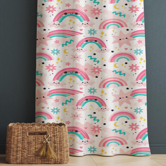 Pink Kids Nursery Curtains with Cute Rainbows & Stars, Custom Size Window Drapes for Girls Room Decor + Gift Pillow Covers
