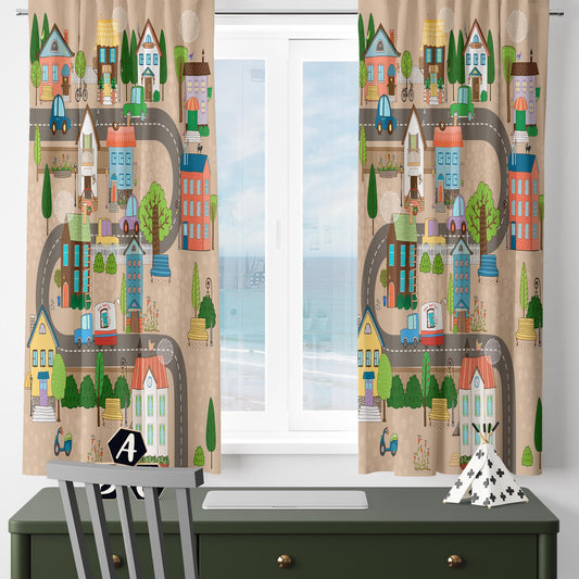 Cute Town Road Maps Houses Kids Nursery Curtains, Custom Size Drapes for Boys Room Decor, Gift Pillow Covers