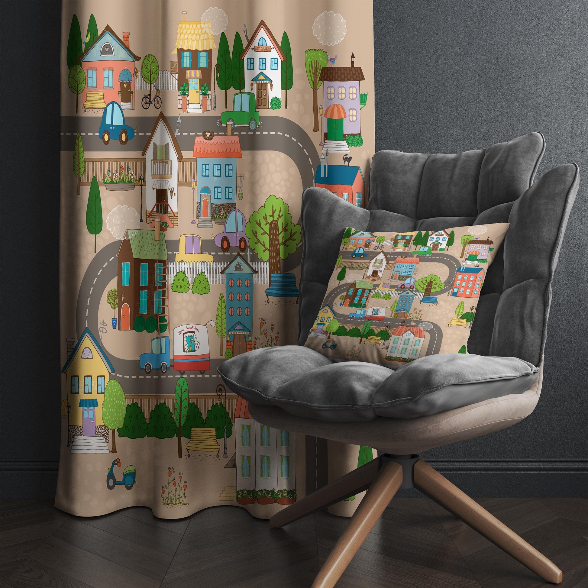 Cute Town Road Maps Houses Kids Nursery Curtains, Custom Size Drapes for Boys Room Decor, Gift Pillow Covers