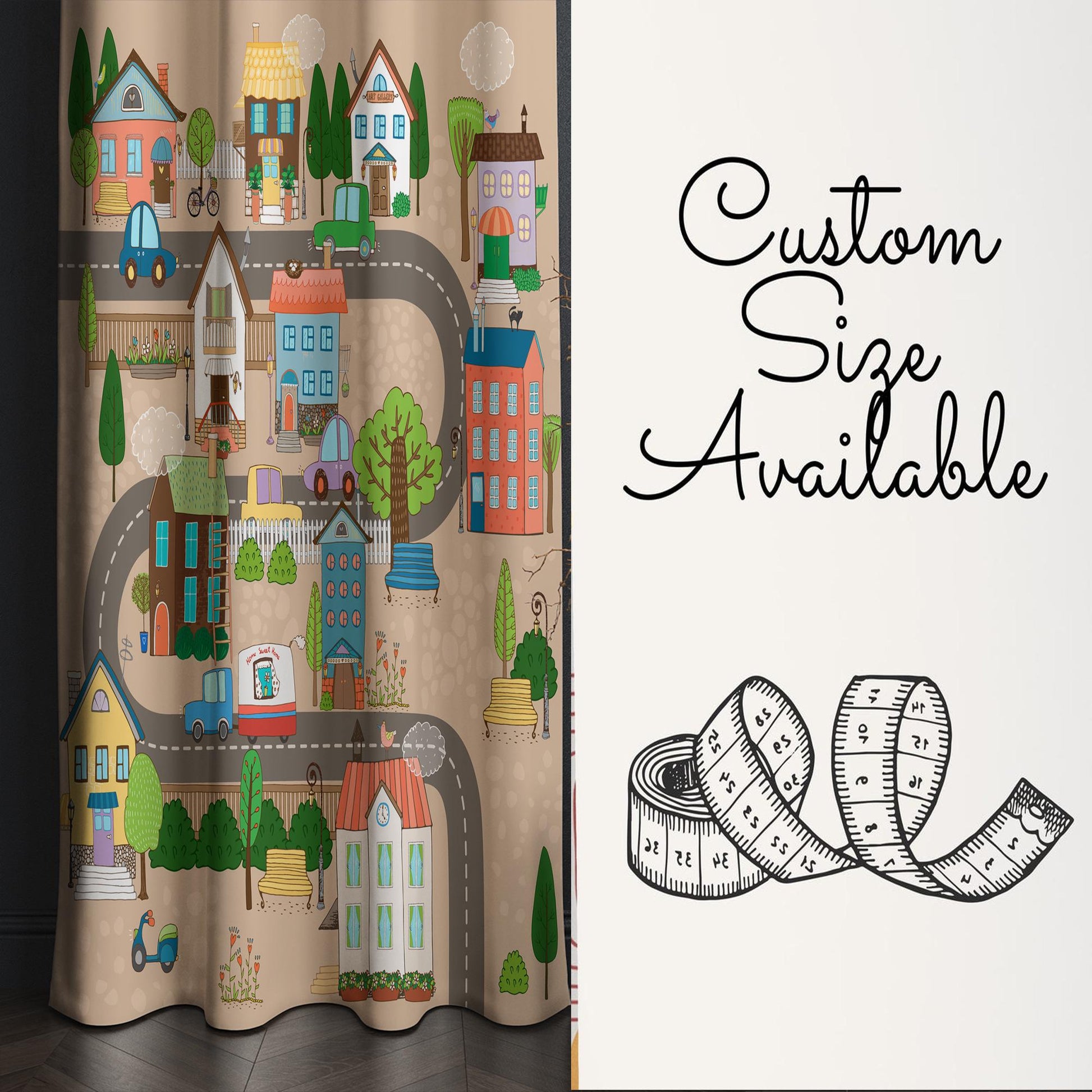 Cute Town Road Maps Houses Kids Nursery Curtains, Custom Size Drapes for Boys Room Decor, Gift Pillow Covers