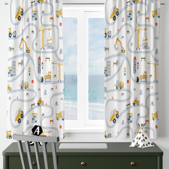 Kids Nursery Curtains Construction Vehicles, Custom Size Boys Room Drapes & Gift Pillow Covers, Yellow Road Equipment Decor