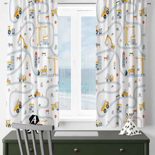 Kids Nursery Curtains Construction Vehicles, Custom Size Boys Room Drapes & Gift Pillow Covers, Yellow Road Equipment Decor