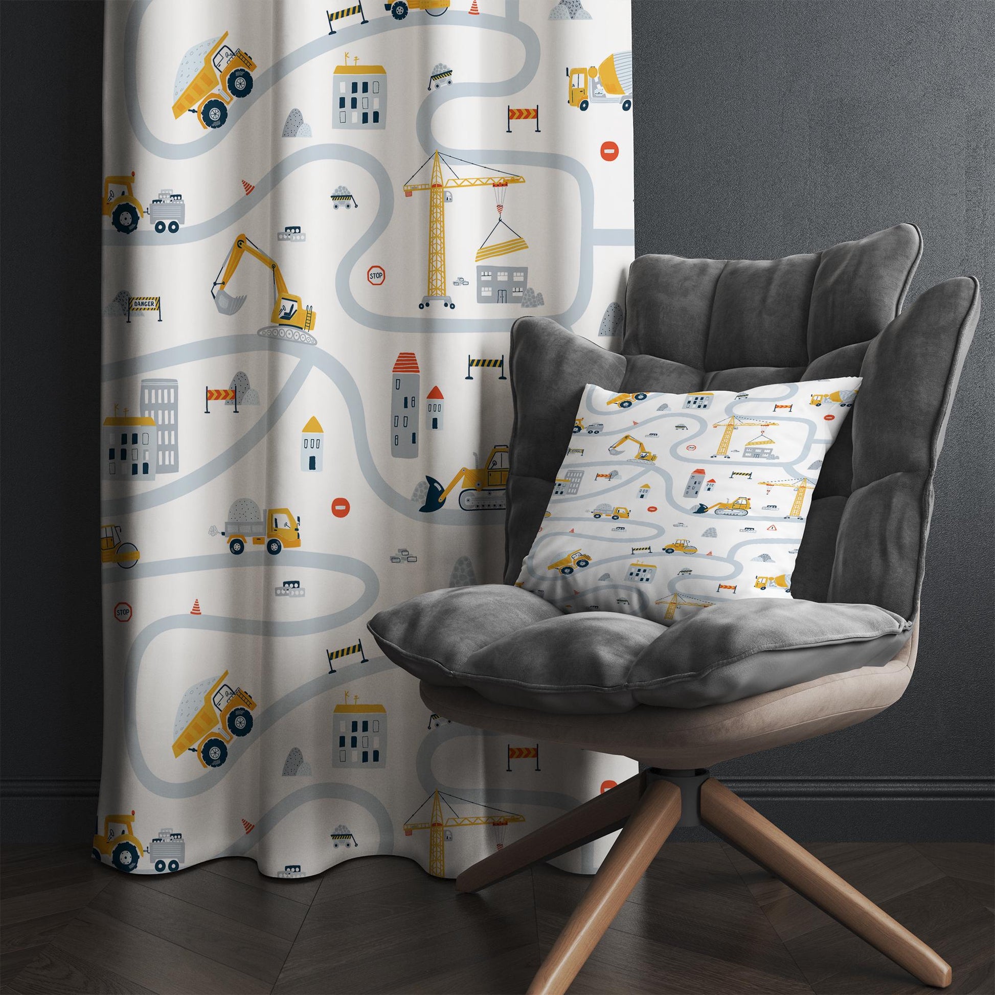 Kids Nursery Curtains Construction Vehicles, Custom Size Boys Room Drapes & Gift Pillow Covers, Yellow Road Equipment Decor