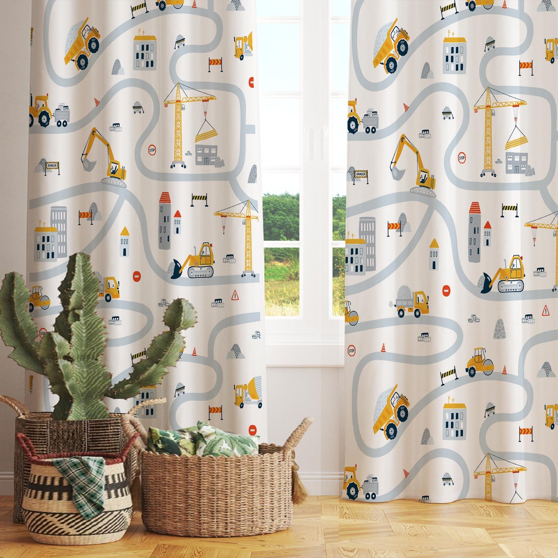 Kids Nursery Curtains Construction Vehicles, Custom Size Boys Room Drapes & Gift Pillow Covers, Yellow Road Equipment Decor