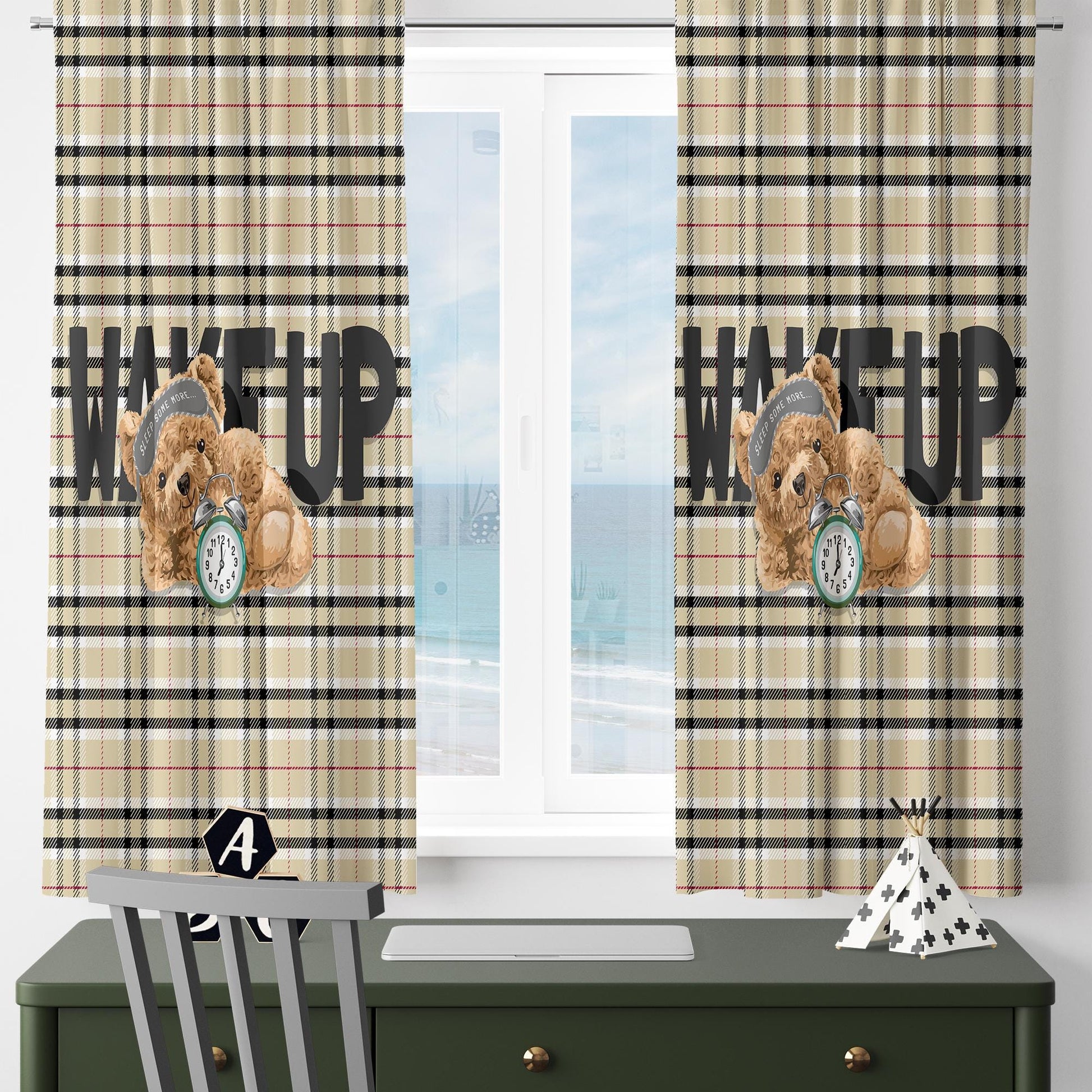 Bear Nursery Curtains Sleepy Kids Room Drapes Custom Size Kids Window Treatment & Gift Pillow Covers Cute Room Decor